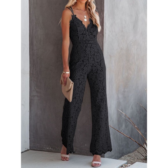 Lace V-Neck Spaghetti Strap Jumpsuit in White - Picture 9 of 12